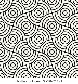 Padrão sem emenda do vetor. Círculos lineares listrados finos geométricos. Fundo monocromático elegante. Amostra de repetição simples. Ornamento preto monocromático com elementos concêntricos.