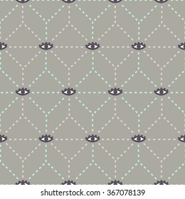 vector seamless pattern of geometric web, with drawn eyes at intersections, on gray background