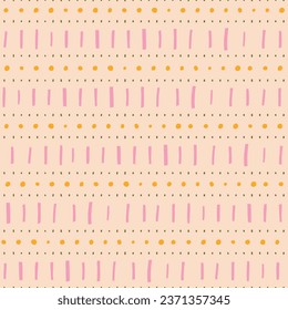 Vector seamless pattern with geometrical elements. Simple graphic texture with hand drawn lines and dots. Decorative background