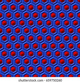 Vector seamless pattern. Geometrical ornament with a hexagon. Relief, light and shadow. Red and blue background