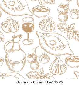 vector seamless pattern with Georgian food. Dishes of Georgian cuisine, graphic drawing, sektch. wine, khachapuri and khinkali