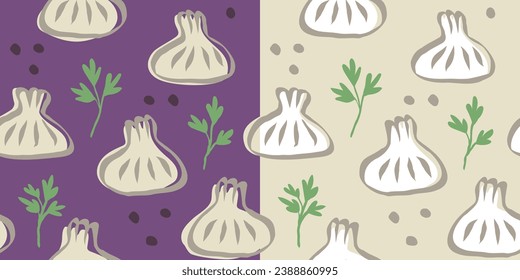 Vector seamless pattern of Georgian food of khinkali in doodle style. Khinkali, food of Georgia. Pattern.
