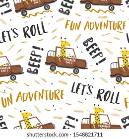 Vector seamless pattern with geraffe driver. Creative vector childish background for fabric, textile, nursery wallpaper, poster, card, brochure. Vector illustration background. African safari.