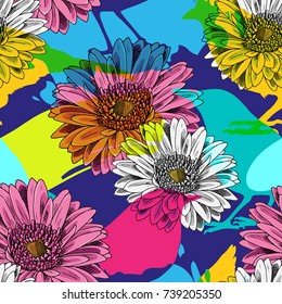 Vector seamless pattern with gerbera and daisy. 3