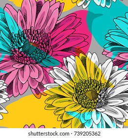 Vector seamless pattern with gerbera and daisy. 9