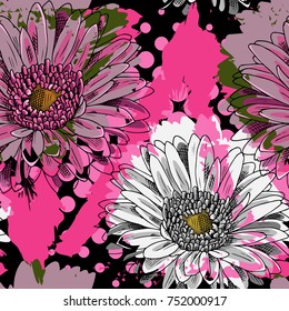 Vector seamless pattern with gerbera. Flower and geometry 1