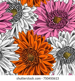 Vector seamless pattern with gerbera. White, orange and pink flowers 