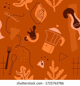 Vector seamless pattern with geyser, espresso, glass with a drink, cutlery, plants, line structures and dots, various geometrical shapes. Abstract trendy background on the food theme. Textile print.