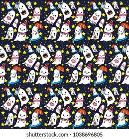 Vector seamless pattern with ghost characters on a starry sky background