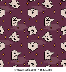Vector seamless pattern. Ghost characters. Halloween illustration. Cartoon flat style. Dark violet background with stars. Scary spirits and phantoms.