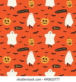 Vector seamless pattern with ghost, pumpkin and bat