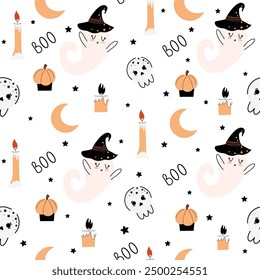 Vector seamless pattern with ghosts. Cute halloween pattern in hand drawn cartoon style. Magic illustration with pumpkins, skull, candle, crescent moon, boo and stars