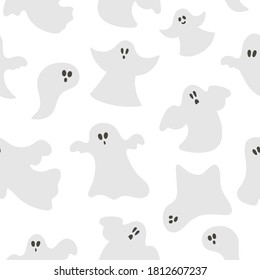 Vector seamless pattern with vector ghosts. Halloween party background with funny spooks. Scary digital paper for Autumn Samhain party. All saints day texture. 
