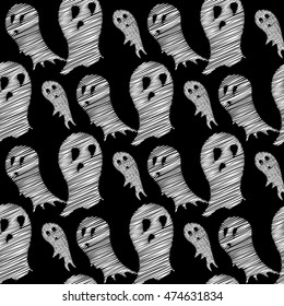 Vector seamless pattern with ghosts on black background. 