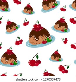 Vector seamless pattern - giant birthday chocolate pudding or cake with cherries and jam on white background,  illustration for textile, fabric, wrapping paper, restaurant menu or cakeshop poster