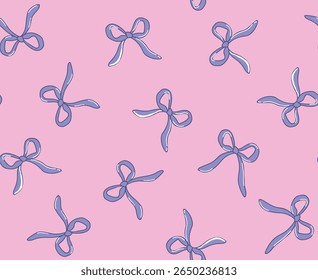 Vector seamless pattern with gift bows. Hand drawn illustration. Purple ribbons on pink background  For textiles, cotton fabric, covers, wallpaper, printing, cards, scrapbooking.
