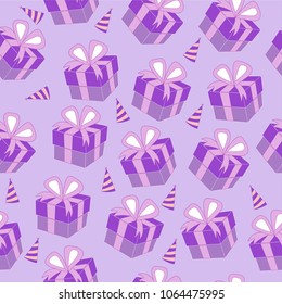 
vector seamless pattern gift box packing surprise with bow on lilac background with color and caps for New Year holiday, St. Valentine's Day