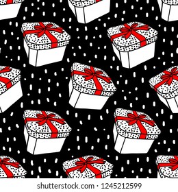 Vector Seamless pattern with gift box and hand drawn snow. Abstract fashion style. Christmas holiday design black and white with red background.