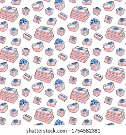 Vector seamless pattern. Gift box collection with bows and ribbons
