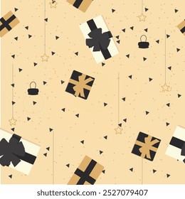 Vector seamless pattern of gift box with cream color.   black and white ribbon and  cherries on  cream background. holiday design 
