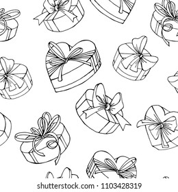 Vector seamless pattern : gift boxes with bows. Linear black on white. Elements for holiday, birthday, wedding design.