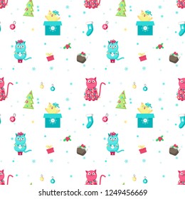 Vector seamless pattern with gift boxes, holly berries, xmas trees, balls, socks and cute cats with christmas tree lights. Christmas cats background, wallpaper, fabric, wrapping paper.