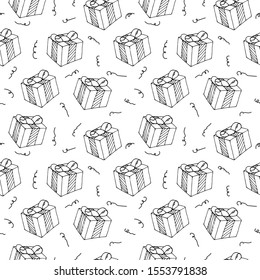 Vector seamless pattern from gift boxes with bows drawn in doodle style. Topics New Year, Christmas, Valentine s Day, Birthday, Anniversary, Wedding. Wrapping paper. Ornament for a greeting card