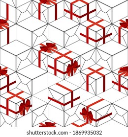 Vector seamless pattern with gift boxes and red ribbons, bow-knots