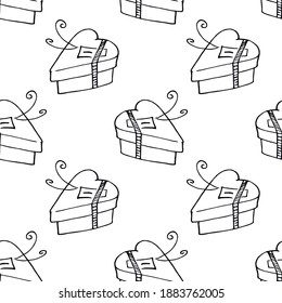 Vector seamless pattern with gift boxes in shape of heart. Hand drawn holiday background and texture in doodle. For wrapping paper, greeting cards, packaging, wedding, birthday, valentine's Day