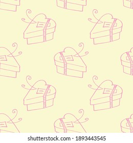 Vector seamless pattern with gift boxes in shape of heart. Hand drawn holiday background and texture in doodle. For wrapping paper, greeting cards, packaging, wedding, birthday, valentine's Day