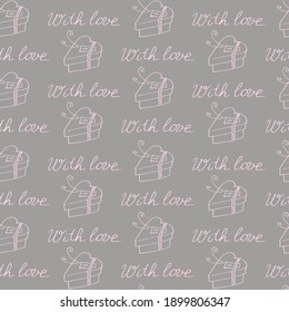 Vector seamless pattern with gift boxes in shape of heart and handwritten lettering- with love. Holiday background texture. For wrapping paper, greeting card, wedding, birthday, Valentine's Day