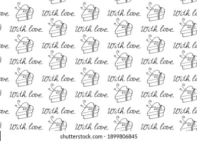 Vector seamless pattern with gift boxes in shape of heart and handwritten lettering- with love. Holiday background texture. For wrapping paper, greeting card, wedding, birthday, Valentine's Day
