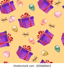 Vector seamless pattern with gift boxes, bows and multicolored balloons isolated on gold background. Realistic purple gifts with coral bows and ribbons.