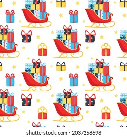 Vector seamless pattern with gift boxes and Santa Claus sleigh. Holiday illustration for fabrics, wrapping paper, scrapbooking or brand package.