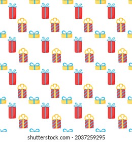 Vector seamless pattern with gift boxes. Holiday illustration for fabrics, wrapping paper, scrapbooking or brand package.