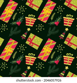 Vector seamless pattern with gift boxes, snowflakes, Christmas tree, fir branches, mistletoe and stars on a green background. New Year vector decoration.