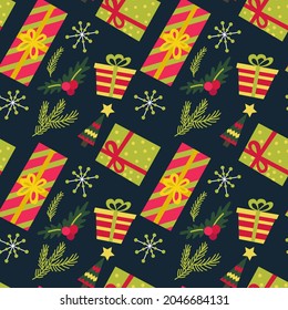 Vector seamless pattern with gift boxes, snowflakes, Christmas tree, fir branches, mistletoe and stars on a dark blue background. New Year vector decoration.