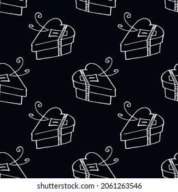 Vector seamless pattern with gift boxes in shape of heart. Hand drawn holiday background and texture in doodle. For wrapping paper, greeting cards, packaging, wedding, birthday, valentine's Day