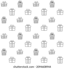 Vector seamless pattern with gift boxes. Christmas, new year, birthday, wedding, holidays background. Black outlines isolated on a white background. Present seamless pattern. Hand drawn illustration.