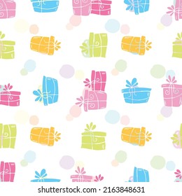 Vector seamless pattern with gift boxes and spots in pastel colors. Delicate Light multi-colored, cute, romantic background with varios spots of various shapes for posters, cards, fabrics
