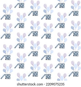 Vector seamless pattern with gift boxes with stars with blue balloons on a white background. Ideal for prints, wrapping paper, wallpapers, scrapbooking, textiles, children's fashion, etc.
