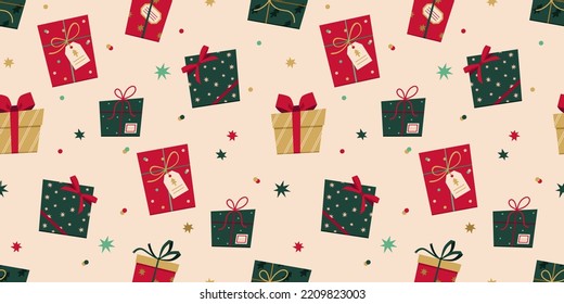 Patrón de vectores sin fisuras con cajas de regalo de estilo plano. El elegante fondo navideño de los regalos, arcos, estrellas y confeti. Patrón de Año Nuevo para envolver papel, textiles, regalos, etc. 