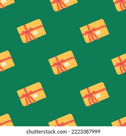 Vector seamless pattern with gift boxes. Yellow presents on green background. Cute gifts with red ribbon for Christmas, New Year, Birthday or other celebration.