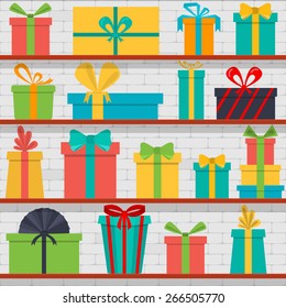 Vector Seamless Pattern Of Gift Boxes On The Shelves. Gift Shop.