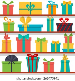 Vector seamless pattern of gift boxes on the shelves. Gift shop.