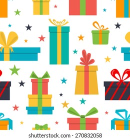 Vector seamless pattern of gift boxes and stars