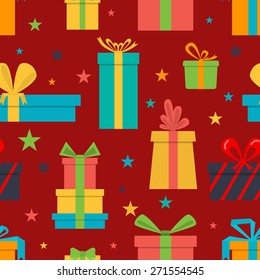Vector seamless pattern of gift boxes and stars