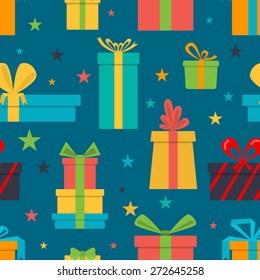 Vector seamless pattern of gift boxes and stars