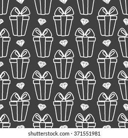 Vector seamless pattern gift boxes and diamond in doodle style. Hand drawing.