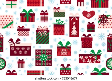 Vector Seamless pattern with gift boxes and snowflakes. Christmas gift boxes and New year decoration. Pattern for fabric, textile, wrapping paper, card, backdrop or other decoration.